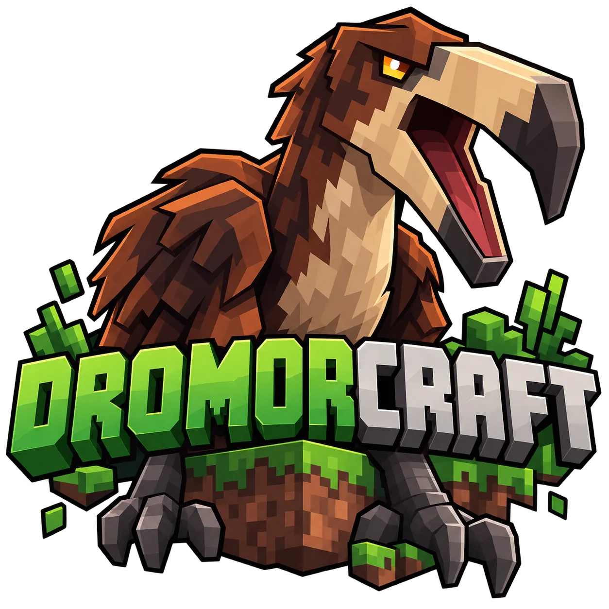 Emblema do DromorCraft: o Dromornis em voxel sobre um bloco de grama